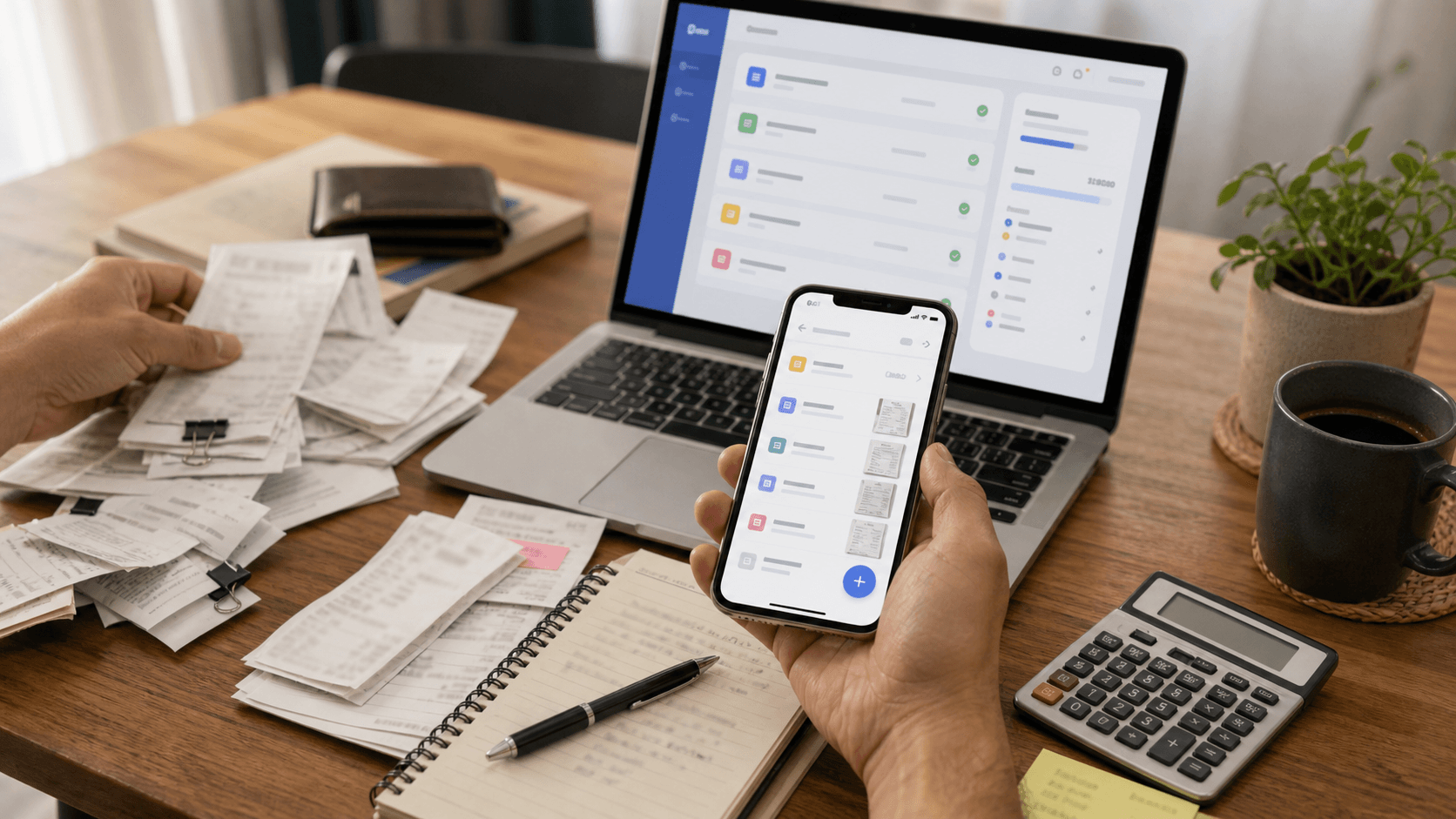 Recibos organizados junto a celular y computadora para controlar gastos
