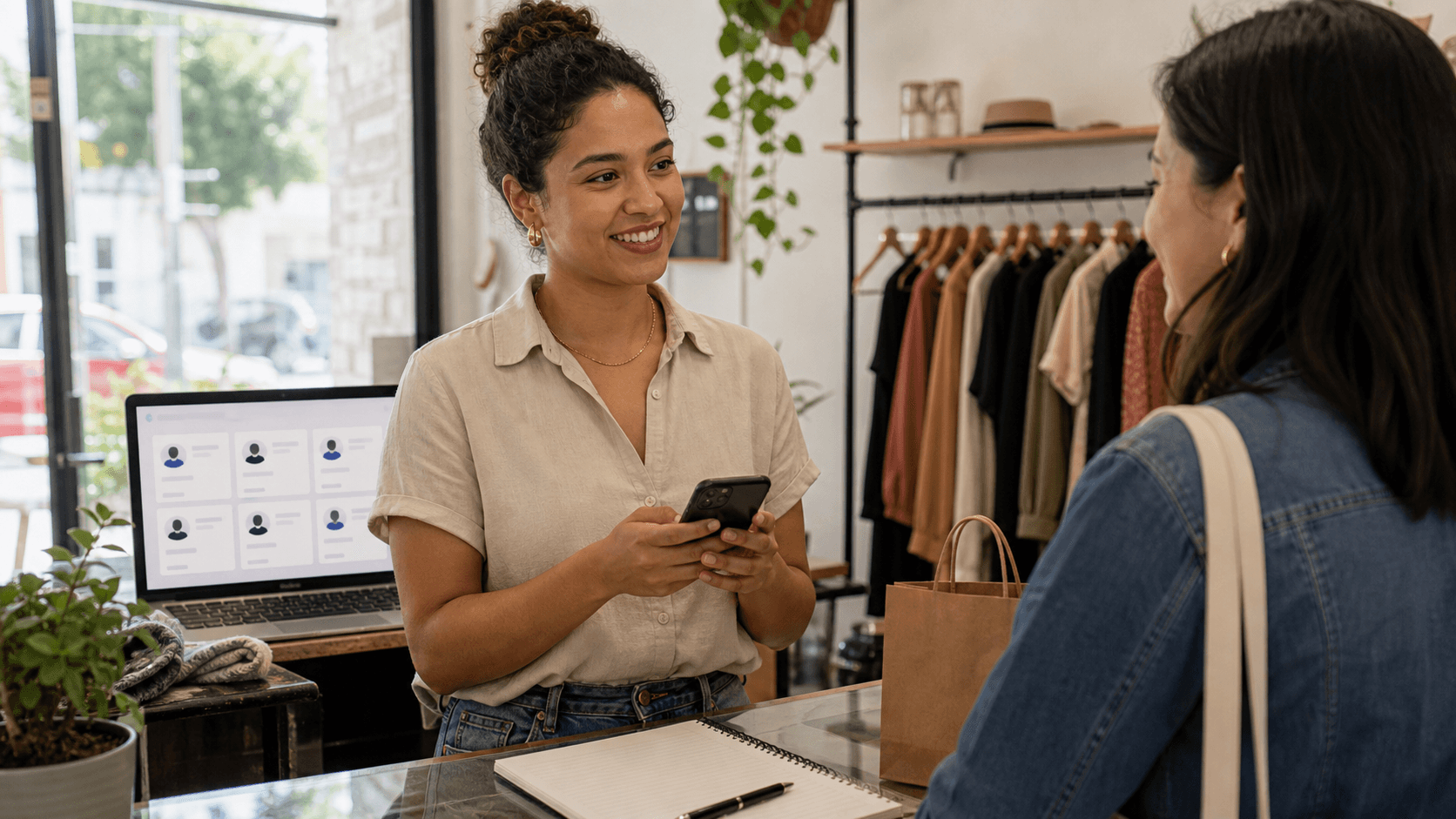 Persona emprendedora atendiendo a un cliente en su negocio