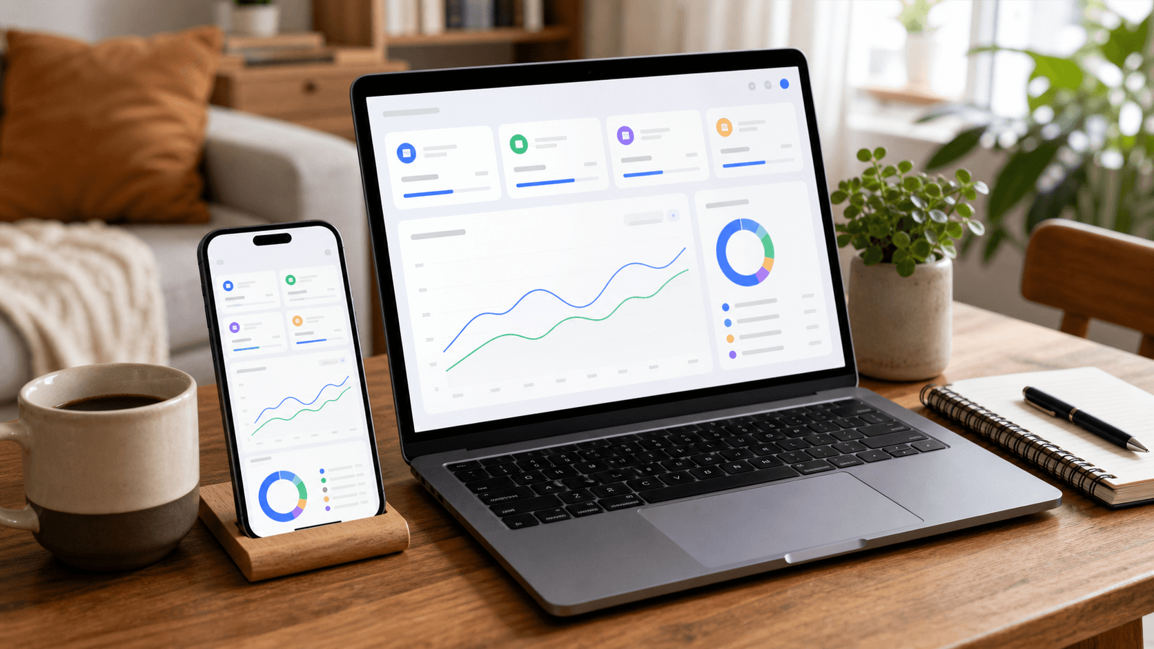 Celular y computadora mostrando reportes financieros visuales en casa